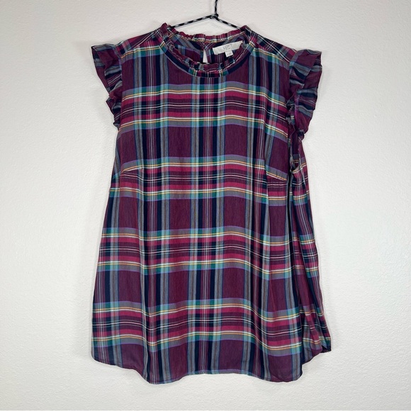 LOFT Burgundy Red Purple Colorful Plaid Sleeveless Top Plus Size 14 - Picture 2 of 11